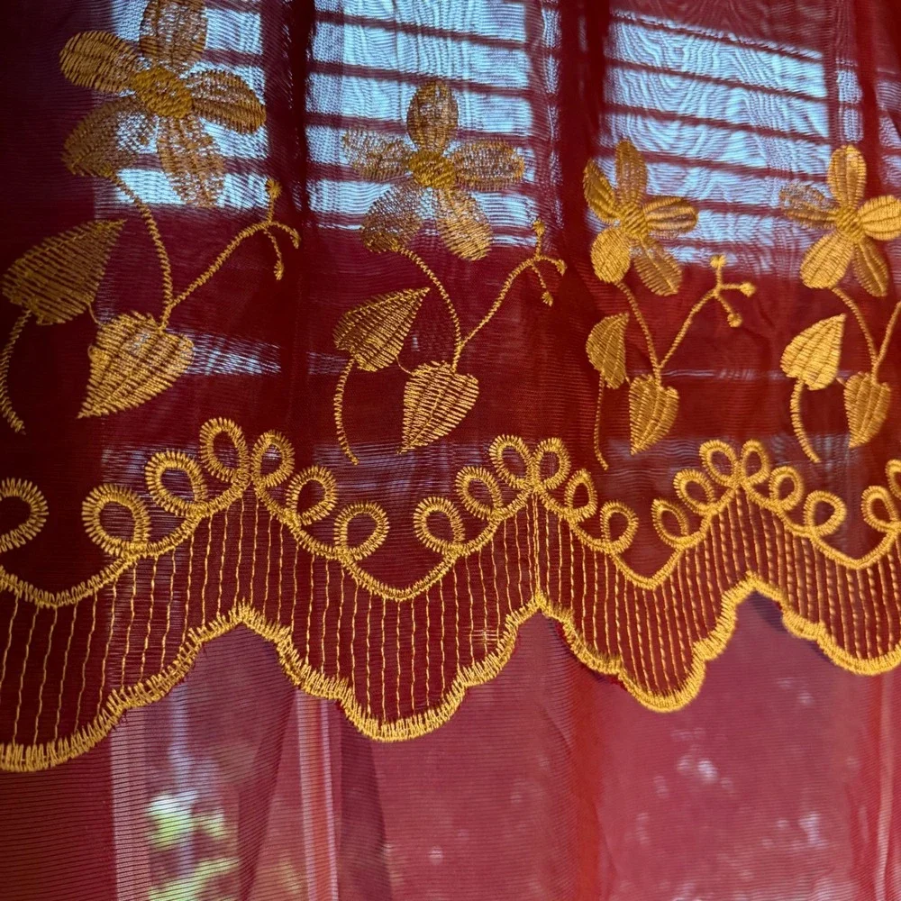 Vtg Burgundy Sheer Embroidered Curtains Set of 2 Lace Window Panels 66.5